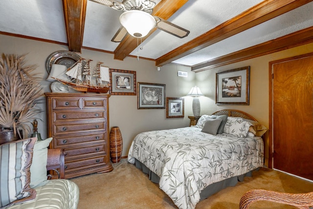 bedroom with light colored carpet, visible vents, beam ceiling, and a ceiling fan