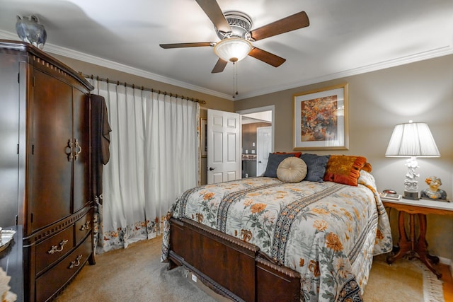 bedroom with ornamental molding, a ceiling fan, and light carpet