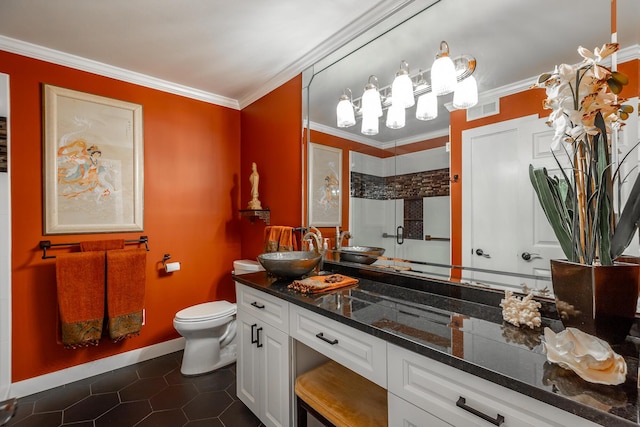bathroom with tile patterned flooring, toilet, ornamental molding, a sink, and visible vents