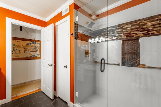 bathroom with a stall shower, tile patterned floors, visible vents, and crown molding