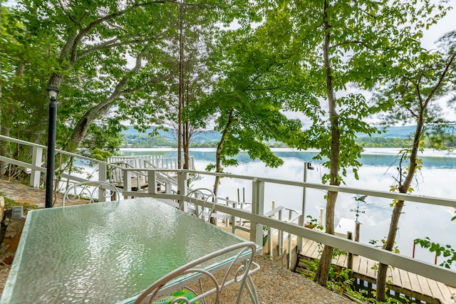 wooden terrace featuring a water view