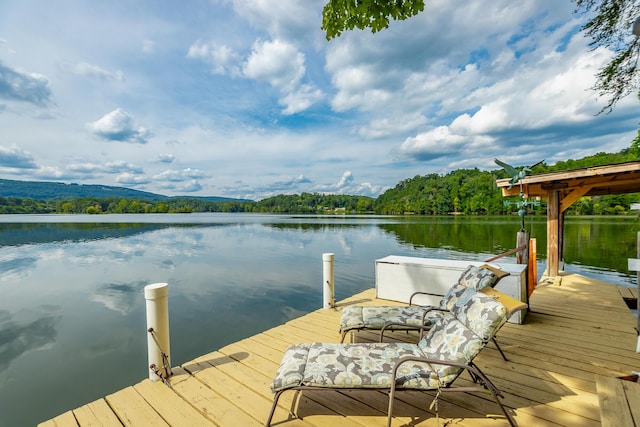 view of dock featuring a water view and a view of trees