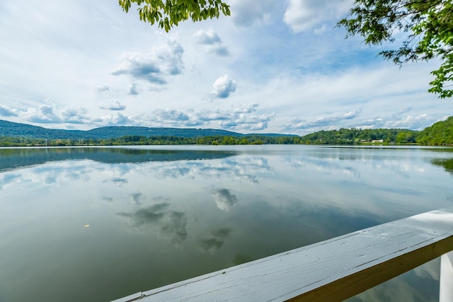 view of water feature with a wooded view and a mountain view