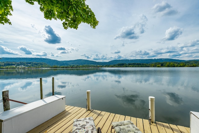 view of dock with a water and mountain view