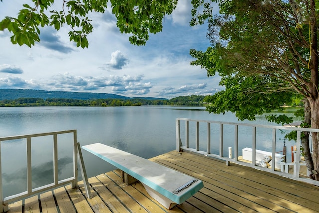 dock area featuring a water view and a view of trees