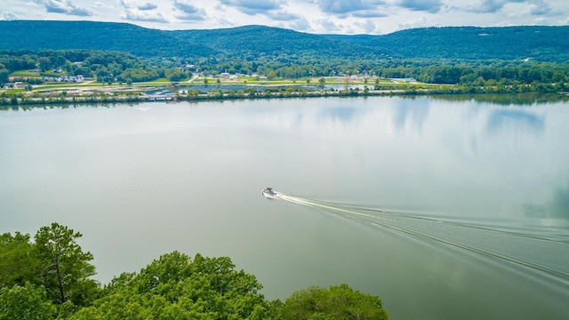 bird's eye view with a water and mountain view