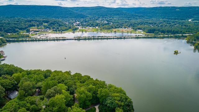 bird's eye view with a water and mountain view and a forest view
