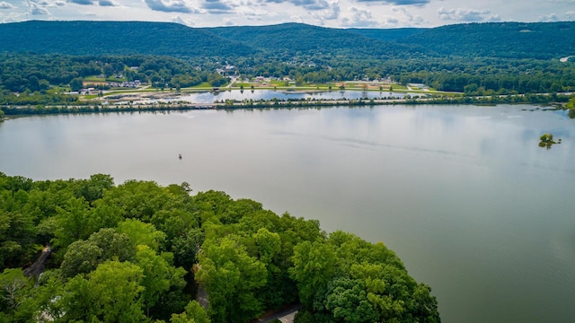 drone / aerial view with a water and mountain view and a forest view