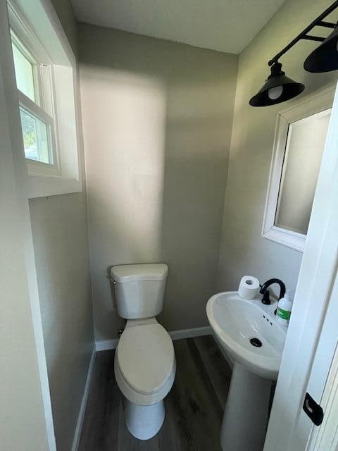 bathroom with toilet and hardwood / wood-style flooring