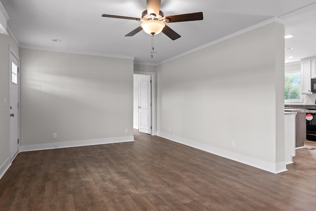 unfurnished room with ceiling fan, crown molding, and dark wood-type flooring