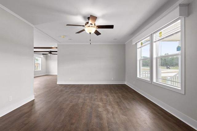 unfurnished room featuring crown molding, ceiling fan, and dark hardwood / wood-style flooring