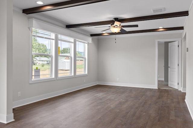 unfurnished room featuring ceiling fan, beamed ceiling, and dark hardwood / wood-style floors