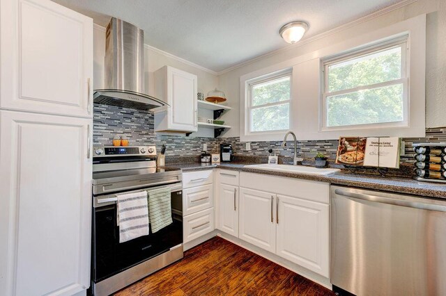 kitchen featuring white cabinets, appliances with stainless steel finishes, sink, wall chimney range hood, and dark wood-type flooring