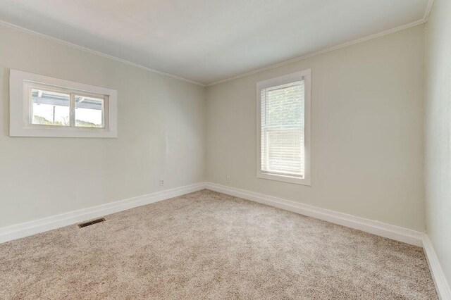 empty room with ornamental molding and light carpet