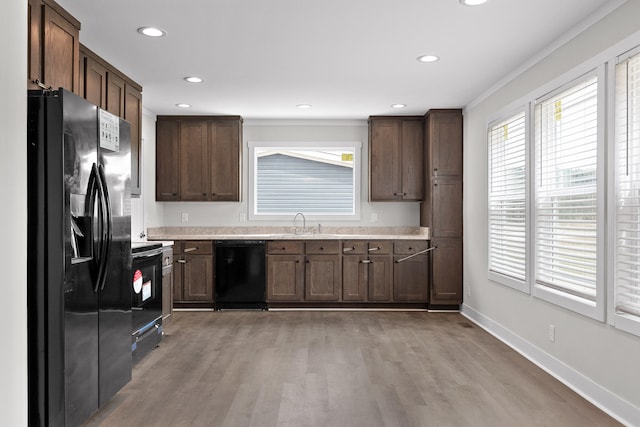 kitchen featuring black appliances, dark brown cabinetry, sink, and light hardwood / wood-style floors