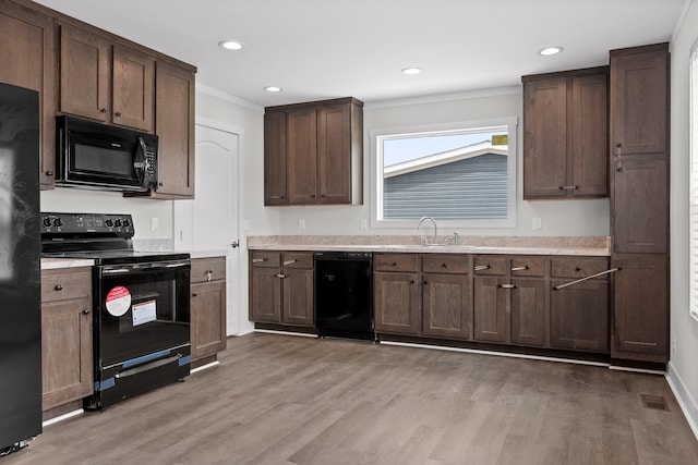 kitchen featuring light hardwood / wood-style flooring, dark brown cabinets, sink, ornamental molding, and black appliances