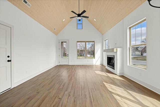 unfurnished living room with wood finished floors, visible vents, high vaulted ceiling, a fireplace, and wood ceiling