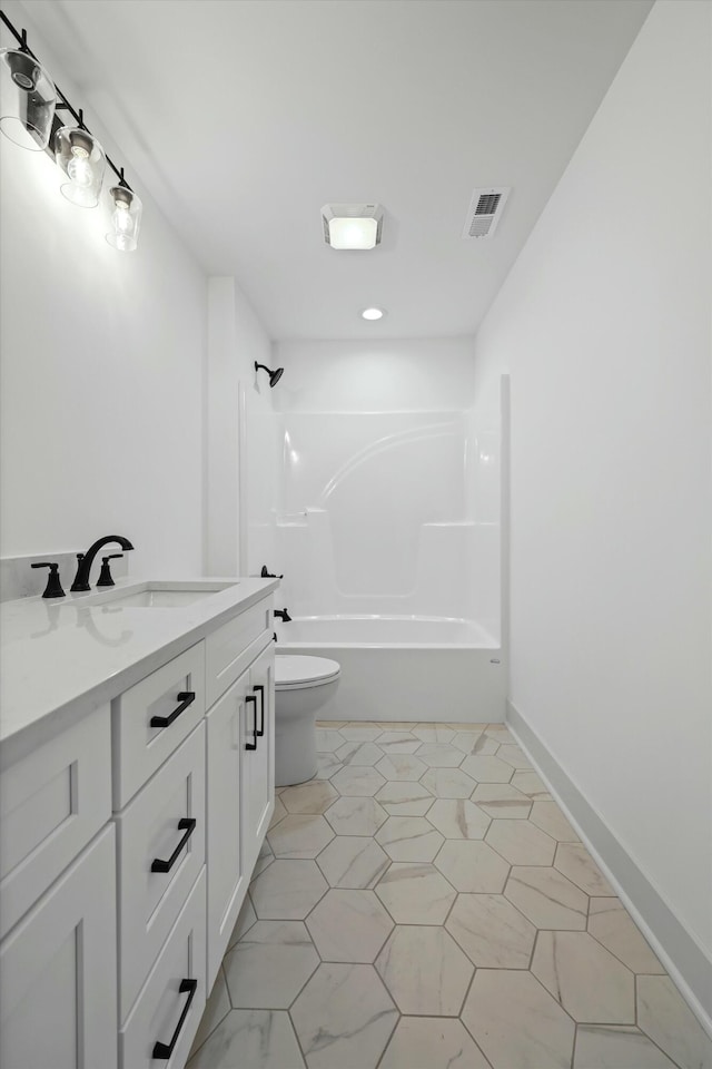 full bathroom with vanity, baseboards, visible vents, shower / washtub combination, and toilet