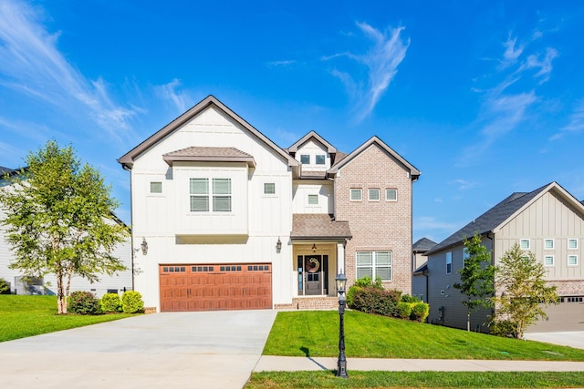 9826 Trestle Cir, Ooltewah, TN 37363 - view of front facade with a garage, roof with shingles, board and batten siding, and a front yard
