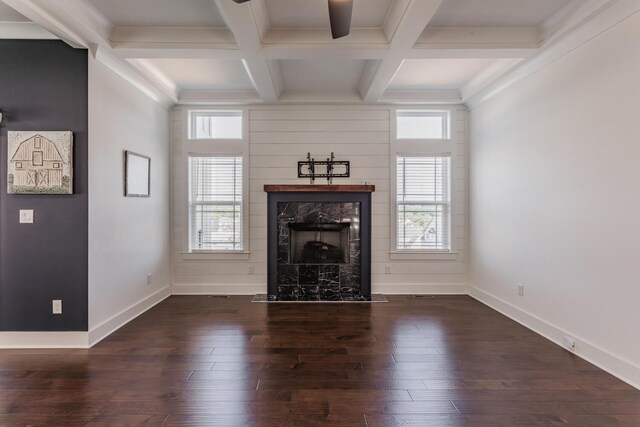 unfurnished living room with coffered ceiling, ornamental molding, dark hardwood / wood-style flooring, and a premium fireplace