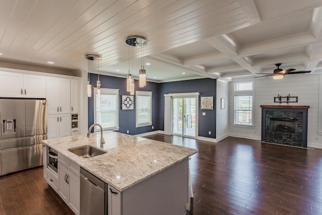 kitchen with a kitchen island with sink, a high end fireplace, stainless steel appliances, sink, and dark hardwood / wood-style floors