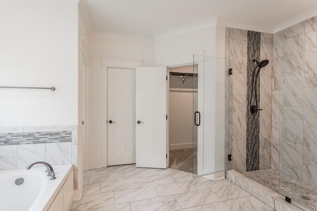 bathroom featuring crown molding and independent shower and bath