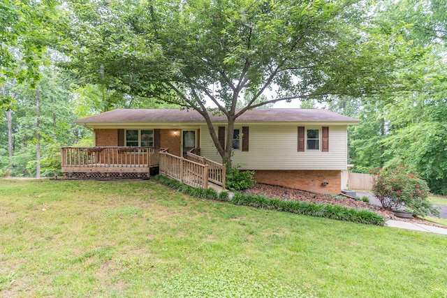 single story home with a wooden deck and a front yard