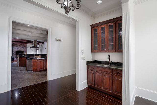 bar featuring coffered ceiling, dark hardwood / wood-style floors, a notable chandelier, beam ceiling, and ornamental molding