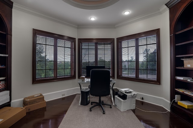 office area with dark hardwood / wood-style floors and ornamental molding