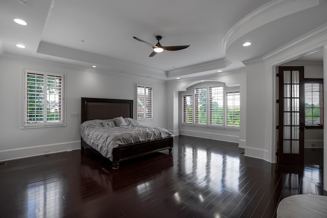 bedroom featuring a tray ceiling, multiple windows, ceiling fan, and dark hardwood / wood-style floors