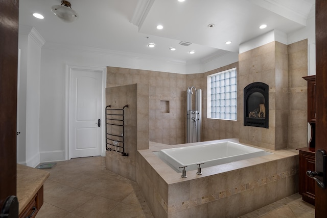 bathroom featuring plus walk in shower, tile patterned flooring, and ornamental molding