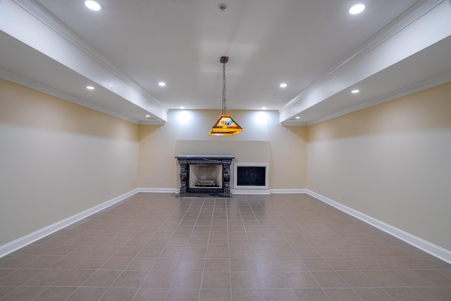 unfurnished living room with light tile patterned floors and crown molding