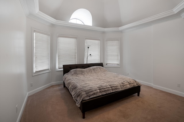 bedroom with crown molding, high vaulted ceiling, and carpet flooring