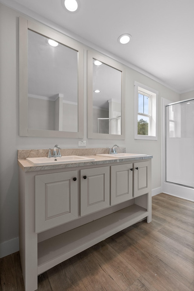 bathroom with a shower with door, vanity, and wood-type flooring