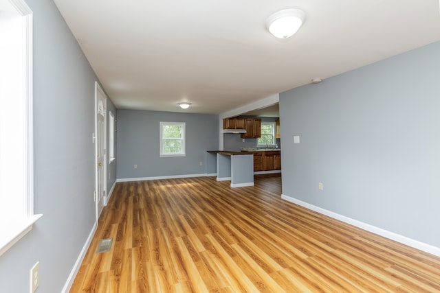 unfurnished living room featuring sink and wood-type flooring