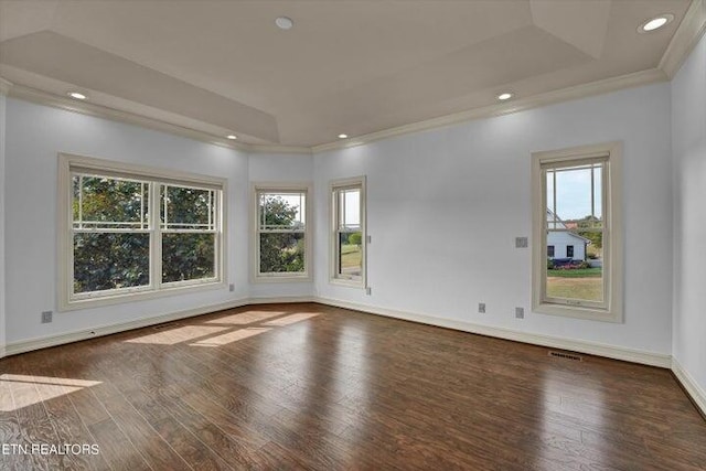 unfurnished room featuring dark hardwood / wood-style floors, a raised ceiling, and crown molding