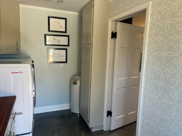 interior space with crown molding and washer / clothes dryer