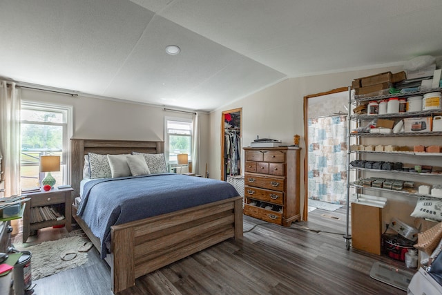 bedroom with a textured ceiling, vaulted ceiling, a walk in closet, a closet, and hardwood / wood-style flooring