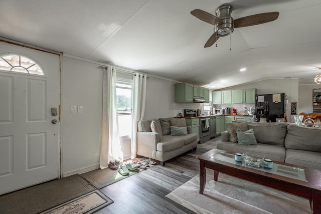 living room with vaulted ceiling, hardwood / wood-style floors, and ceiling fan