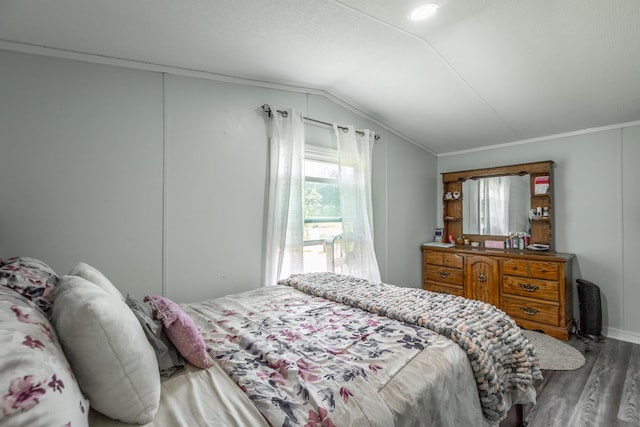 bedroom with lofted ceiling and dark hardwood / wood-style floors