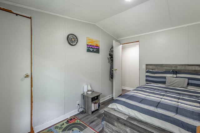 bedroom with lofted ceiling and dark wood-type flooring