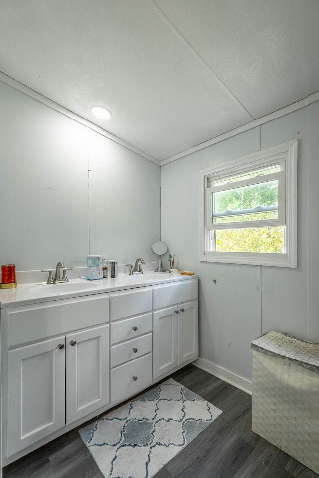 bathroom with vanity and hardwood / wood-style floors