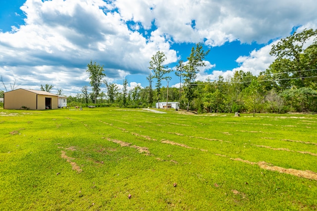 view of yard with an outdoor structure and a rural view