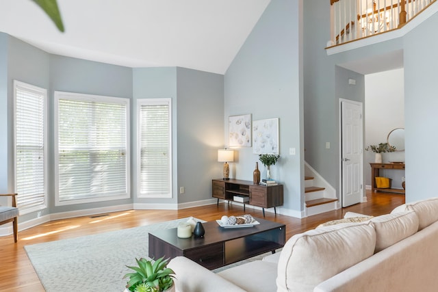 living room with wood-type flooring and high vaulted ceiling