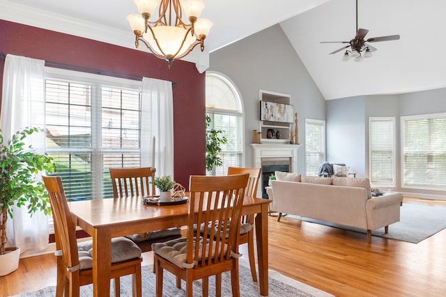 dining space with hardwood / wood-style flooring, ceiling fan with notable chandelier, plenty of natural light, and a tiled fireplace