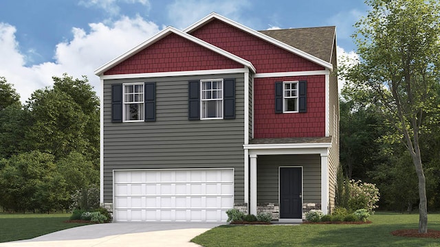 craftsman house with a garage and a front lawn