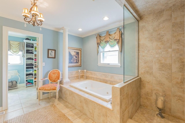 bathroom featuring tile patterned floors, plus walk in shower, crown molding, and ornate columns