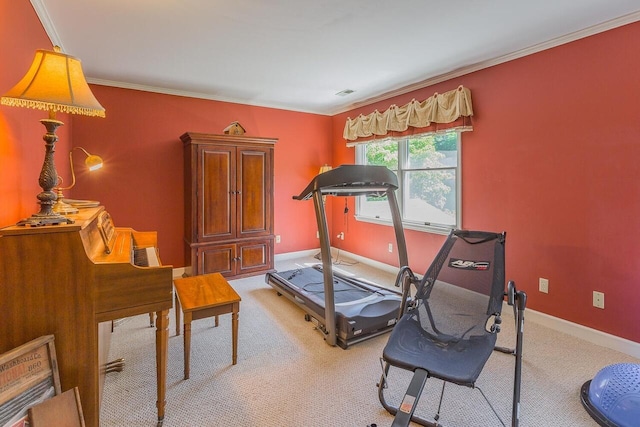 workout area with crown molding and carpet