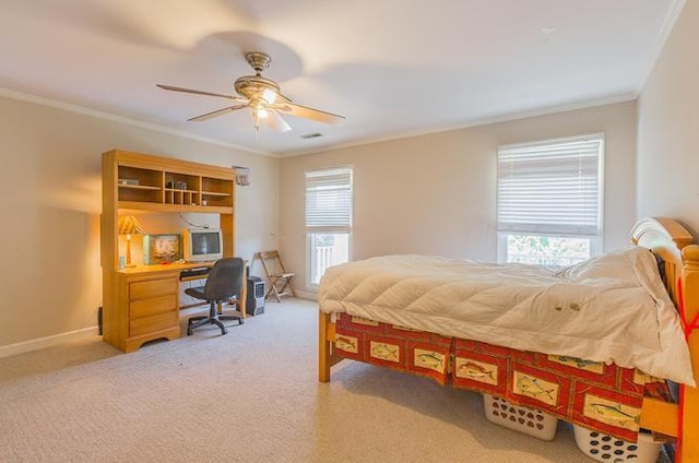 carpeted bedroom with crown molding, ceiling fan, and multiple windows