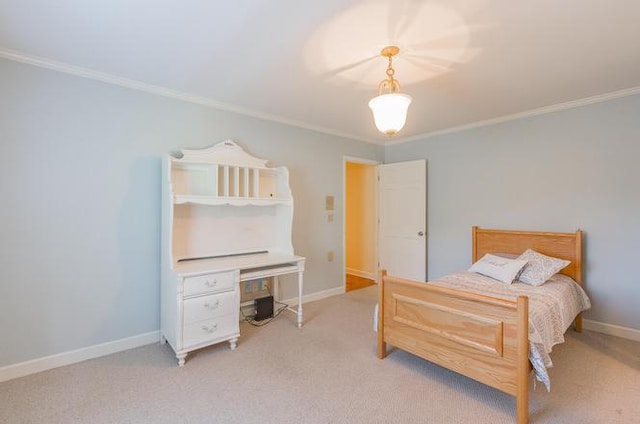 bedroom featuring light carpet and ornamental molding